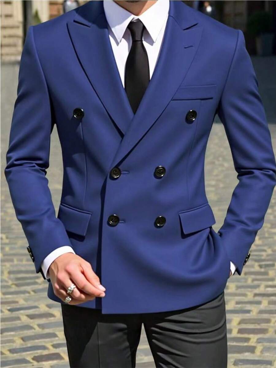 Men's Business Casual Peak Collar Double-Breasted Open Front Blazer - Navy Blue - View 1