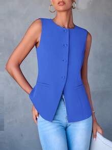 Women's Summer Suit Vest Top Formal Business Casual Sleeveless Button Slimming All Fashion Suit Jacket Vest - 藍色 - 查看 4
