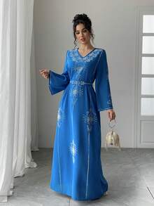 Saudi Arabia Dubai Fashionable Rhinestone Embellished Robe, Summer Chiffon Abaya For Women, Modest - Blue - View 2