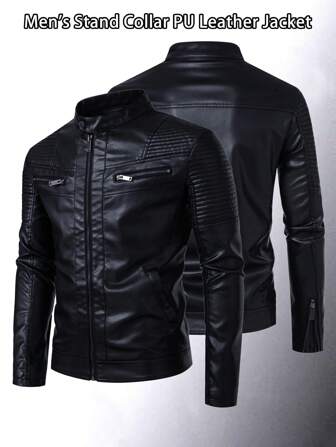Men's Long Sleeve Stand Collar Fitted Faux Leather Motorcycle Jacket, Casual & Versatile