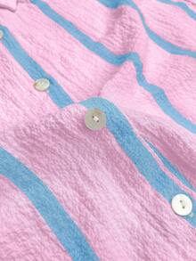 Women's Pink Striped Loose Blouse, Elegant Cardigan Top, Fashionable For Commute, Daily Wear, Valentine's Day Outing, Fit For Spring & Summer - Pink and Blue Stripes - View 5