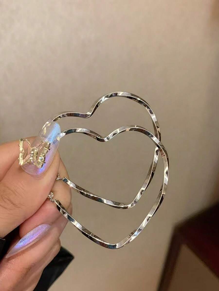 1 对时尚心形环形耳环，别致的扭曲耳环，高端感，适合女性休闲日常佩戴 - 銀色 - 查看 1