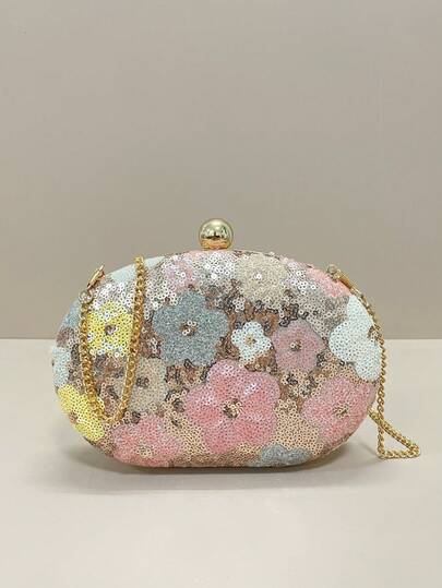 2pc Sequin Flower Clutch Bag, Shiny Sequin Floral Design, Glamorous, Elegant, Vintage Floral Pattern Handbag, Evening Bag For Party Girls, Suitable For Women, Perfect For Party, Wedding, Prom, Gala