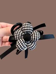 时尚千鸟格花朵发夹，带珍珠和蝴蝶结，中号发饰，适合马尾辫，美容爪夹，优雅发夹