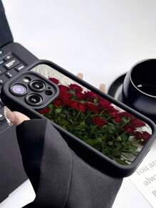 غطاء هاتف من مادة TPU مقاوم للصدمات والخدش ومقاوم للماء، مزين بنقشة وردة سوداء رومانسية، متوافق مع هواتف آيفون 16، 15، 14، 13، 12، 11 برو ماكس وسلسلة أخرى