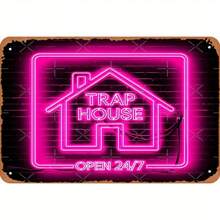 1pc 8x12 Inch Aluminum Metal Sign - Vintage Trap House Wall Art With Neon Pink & Black Retro Design, Frameless Metal Artwork For Home, Garage, For Man Cave Decor, Metal Wall Decor, Garage Decoration, Neon Style Signage, Weathered Finish, 2D Flat