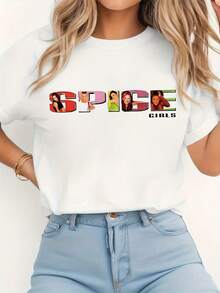 "Spice Girls Inspired Graphic Tee - Retro Fashion Women's Crew Neck Short Sleeve T-Shirt" - 白色 - 查看 1