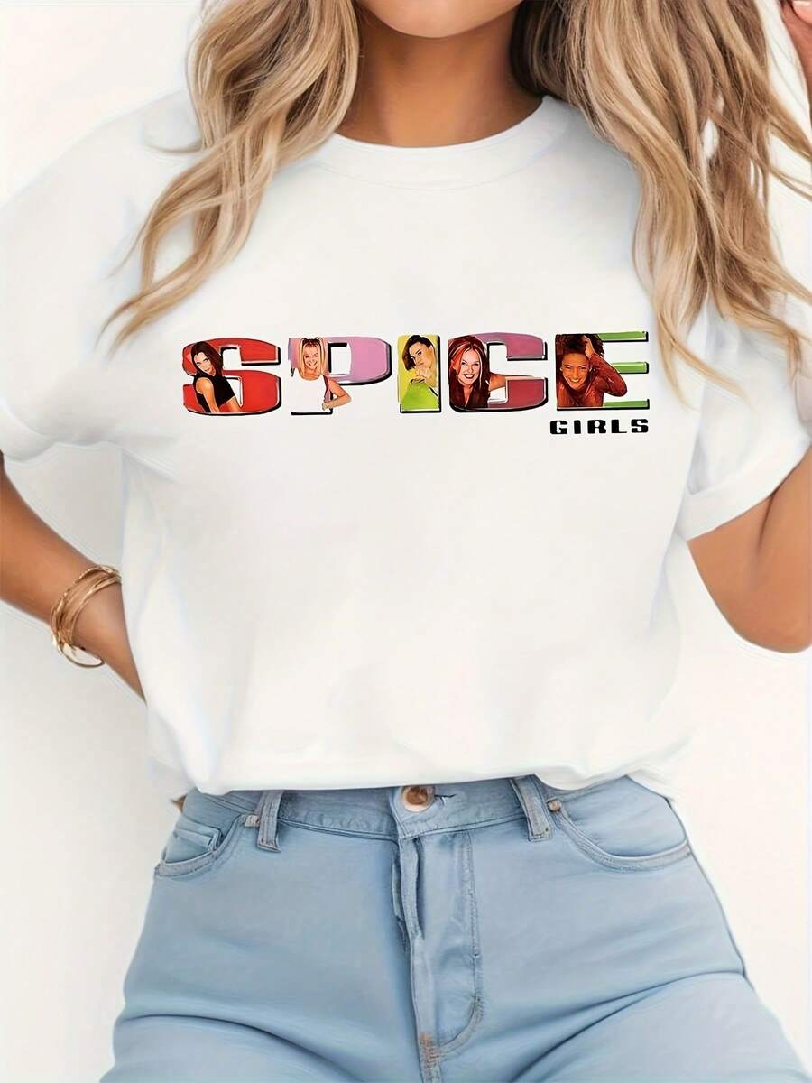 "Spice Girls Inspired Graphic Tee - Retro Fashion Women's Crew Neck Short Sleeve T-Shirt" - 白色 - 查看 1