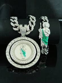 1pc Rotatable Jesus Pendant Necklace + 1pc Green Oil Drop Jesus Bracelet Set, Stylish Hip Hop Gift For Men, Suitable For Daily Wear