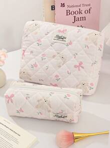 1 Peça/Conjunto Bolsa de Maquiagem Grande com Capacidade Rosa com Coelho e Laço, Bolsa de Cosméticos de Viagem para Estudantes do Ensino Médio, Universitários, Trabalhadores de Escritório, Estilo Doce, Conjunto de Bolsas de Cosméticos Adequado como Presentes de Casamento, Presentes de Formatura, Presentes de Aniversário, Presentes do Dia das Mães, Bolsa Acolchoada com Estampa Floral para Decoração Doméstica, Decoração de Casamento, Bolsa com Zíper e Alça para Viagem, Essenciais de Viagem, Férias, Verão, Volta às Aulas, Material Escolar, Bolsa para Mulheres, Bolsa de Maquiagem para Viagem