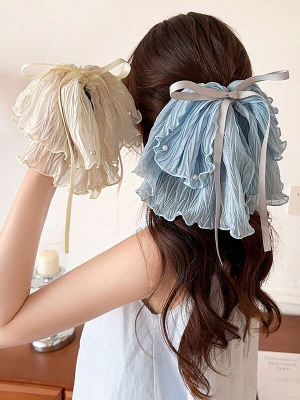 1pc Chiffon Ribbon Bow Decor Pleated Striped Faux Pearl Hair Clip, High-End Fashion Versatile Hair Claw Clip Suitable For Daily, Party, Commute, Vacation Outfit Matching Fashion Hair Accessories
