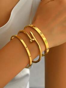 1/3 件时尚 18K 镀金不锈钢四叶草指甲手链，适合女士聚会和日常佩戴，欧美风格，个性、优雅、奢华的方晶锆石腕带，婚礼首饰套装 - 金色 - 查看 5