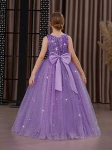 Tween Girl Sequin Bow Tulle Princess Dress, Elegant Party Gown Suitable For Girls Birthday Party, Prom, Wedding, Bridesmaid, Flower Girl Dress For Important Celebrations