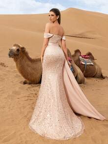 Faeriesty Rochie de seară elegantă, cu paiete și mărgele - siluetă de sirenă, cu umeri goi, talie cu curea, detalii asimetrice cu crăpături înalte, pentru galele de covor roșu, nunți de lux, evenimente de seară formale