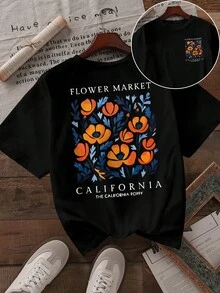 Áo thun tay ngắn in họa tiết hoa Howell All-Match thời trang dành cho nữ, áo thun họa tiết hoa quyến rũ, cổ tròn, áo thun họa tiết dành cho nữ - màu đen - Xem 1