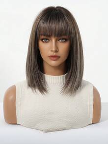 女士棕色渐变直刘海假发 - 耐热哑光纤维材质，配玫瑰网帽 - 春节、情人节、母亲节、生日等节日的完美礼物，适合日常和节日佩戴，是日常、假日旅行和节日美容必备的理想之选，也是万圣节和圣诞节的绝佳礼物。 - 挑染棕色 - 查看 3