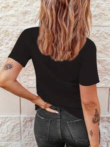 Camiseta de impresión de letra, manga corta con cuello de crew informal para verano y primavera, ropa para mujeres Vendido por - Negro - Ver 2