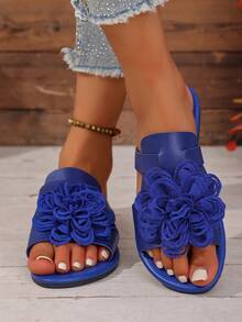 Women's Round Toe Flat Sandals With 3D Floral Decor, Open Toe Slip-On Mules, Fashionable Casual Beach Slippers For Summer Vacation, Solid Color - Blue - View 5
