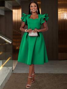 Women's Sweetheart Neck Ruffle Hem Flare Skirt, Suitable For Parties, Graduations, Back To School Occasions, Paired With Bell Sleeves - Green - View 2