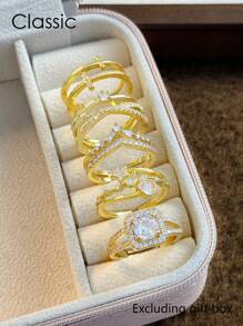 5pcs Set Copper Micro-Inlaid Zirconia Geometric Elegant Rings, Suitable For Party, Wedding, Bride, Holiday, Gathering, Everyday Wear