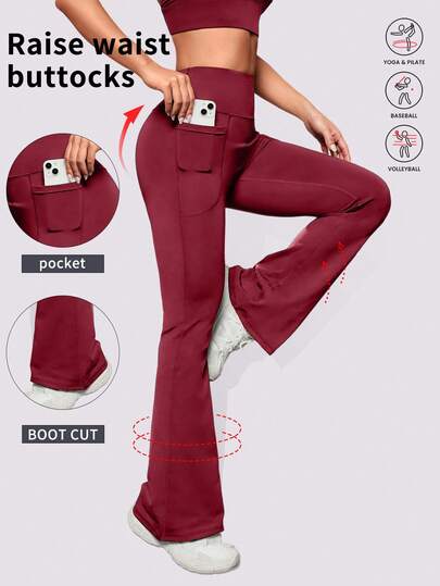 1 pieza Pantalones acampanados para mujer para deportes al aire libre, ciclismo, correr, fitness con bolsillos, pantalones deportivos ajustados para yoga de mujer, adecuados para gimnasio, calle, gran estilo de vida, forro polar, invierno