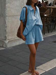 VIVINA 女士时尚休闲度假两件套，亚麻条纹翻领短袖开衫衬衫上衣和松紧腰口袋短裤，女士休闲度假装