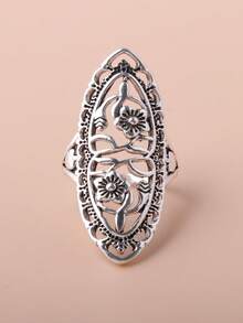 1pc Hollow Flower Design Long Ring, Antique Silver Plated Alloy, Multi-Color Options - White K - View 3