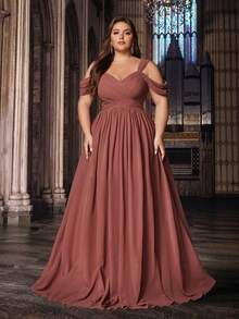 QOQ Elegant Style Solid Color Plus Size Bridesmaid Dresses Formal Dress Long Evening Gown Suitable Wedding, Formal Events Sweetheart Collar Crossed Strapless Chiffon Gowns - Coral Pink - View 3