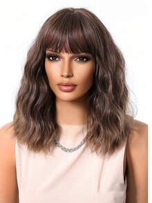 高品质自然舒适14英寸棕色卷发假发，女士全头优雅渐变色合成耐热假发，适合日常、度假和旅行佩戴。 - 棕色 - 查看 6