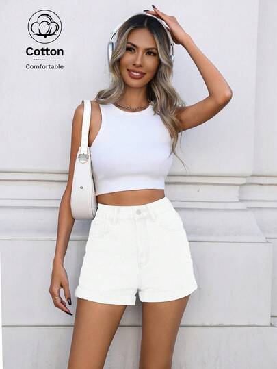 Mobula Sound Y2K Casual Vacation Fashionable Sexy Music Festival Inspired Blue Denim Rolled Hem Straight Leg Shorts For Young Women And Female Students, Spring/Summer