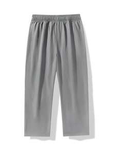 男士休闲直筒裤，褶皱抽绳设计，宽松学院风，适合所有季节 - 灰色 - 查看 3