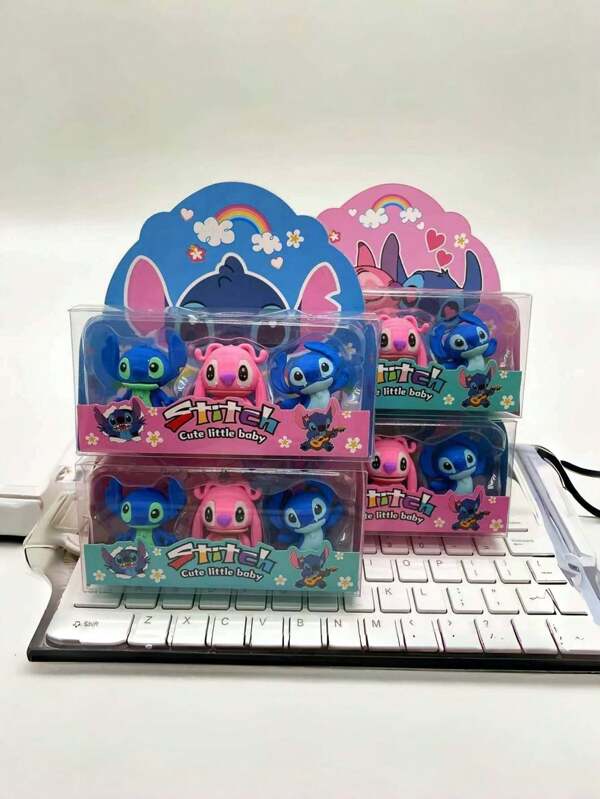 Disney 1 Set 3 Pcs Disney Stitch Cartoon Erasers, Interchangeable, Eraser Tips, Stitch Themed Hobby Supplies, 4B Clean & Less Crumb Erasers, Back To School Student Supplies, School Prizes