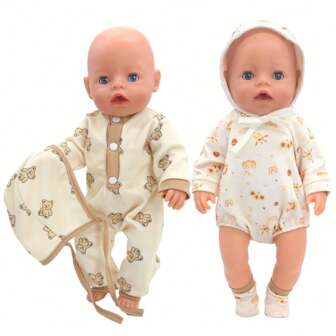 43cm Poppenjumpsuit met capuchon, schattige dierenprint, geschikt voor pasgeboren poppen van 17-18 inch, poppenkleding en accessoires, pop niet inbegrepen