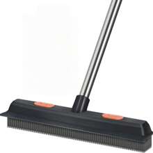 Rubber Broom Carpet Rake For Pet Hair, Fur Remover Broom With Squeegee, Portable Detailing Lint Remover Brush (Stainless 4 Steel Handle)