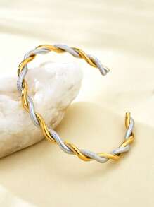 TONSI 1pc Elegant Charming Minimalist Chic Stainless Steel 18K Gold Plated Spiral Twist Bangle Bracelet, Suitable For Summer, Workday, Party, Women Jewelry