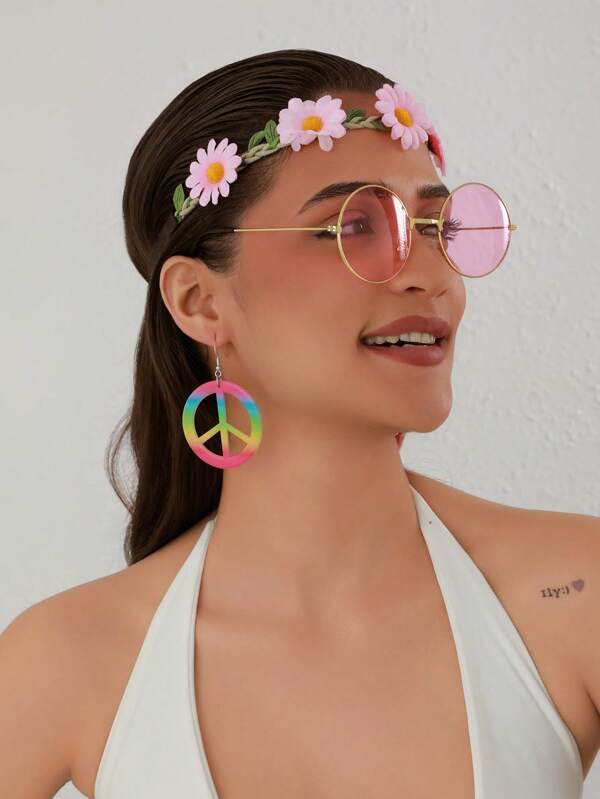 3pcs Bohemian Hippie Accessories - Peace Sign Earrings, Flower Crown Hair Band, Hippie Sunglasses, Suitable For Party Costumes, Halloween Party Outfits