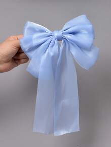 1 件女孩缎带蝴蝶结发夹，闪亮缎带蝴蝶结弹簧夹适合日常生活或度假，春夏新品 - 藍色 - 查看 2