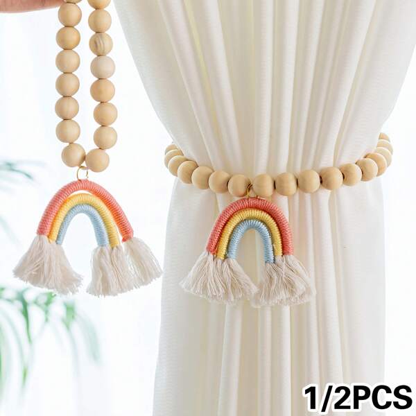 1/2 pièces Embrasses de rideau arc-en-ciel, style minimaliste moderne perles en bois et franges arc-en-ciel design magnétique, convient pour assortir les rideaux, la décoration de la chambre à coucher, la fixation des rideaux
