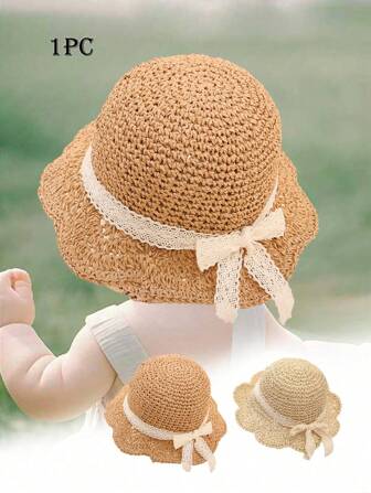 1 件女童/幼儿/婴儿手工编织透气蕾丝边宽边太阳帽，婴儿夏季太阳帽，手工纸草帽，日常穿着