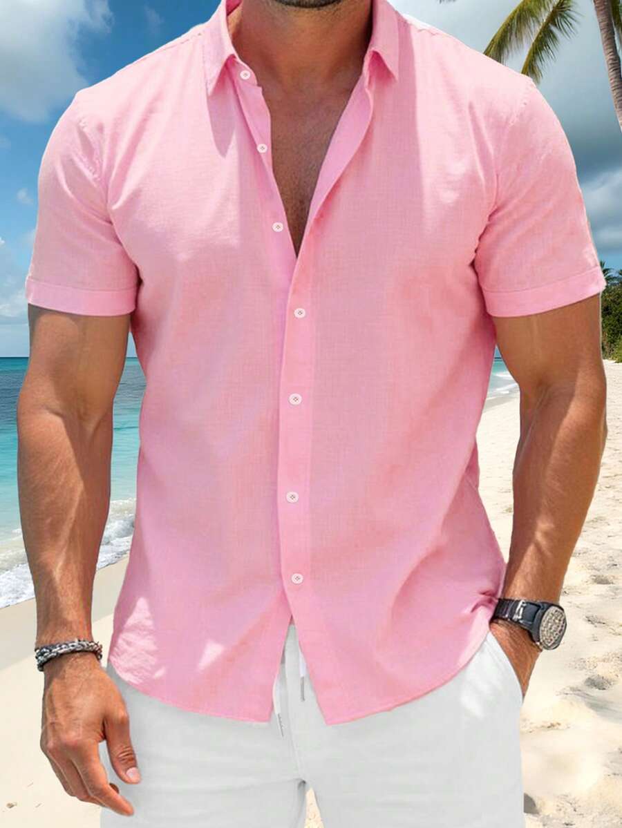 New Stylish Men's Sexy Shirt - Fashionable Mature Pink Shirt, Lightweight Summer Top, Short Sleeve, 4-Way Stretchy Fabric, Suitable For Holiday, Daily Wear And Travel In Summer - Pink - View 1