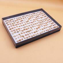 100 pares de pendientes de botón de plástico con cristales de color dorado en estilo de moda versátil y aleatorio, set con caja - Caja de oro y diamantes blancos - Ver 3