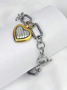 1pc Women's Stainless Steel Heart-Shaped Cable Twisted Compound Bracelet, Fashionable And Elegant Jewelry Accessory Suitable For Daily Wear - Multicolor - View 6