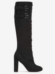 Vintage elegante Overknee-Stiefel mit verstellbarem Schnallenverschluss und spitzer Zehenpartie - Schwarz - Übersicht 3