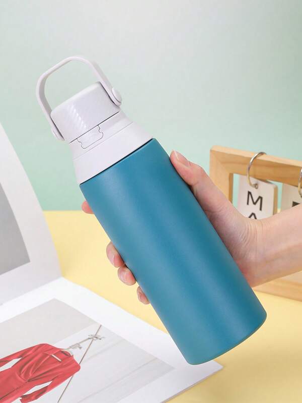 1pc Stainless Steel Insulated Water Bottle With Handle & Straw, Outdoor Sports Tumbler With Bounce Lid