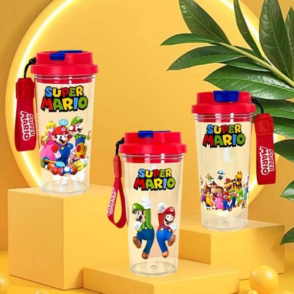 Super Mario Super Strohhalmbecher/Trinkglas, hochwertige Kaffeetasse mit Trageriemen, tragbar für Sommer, Outdoor, Büro Zuhause, Rückkehr zur Schule, ideales Geschenk für Super Fans