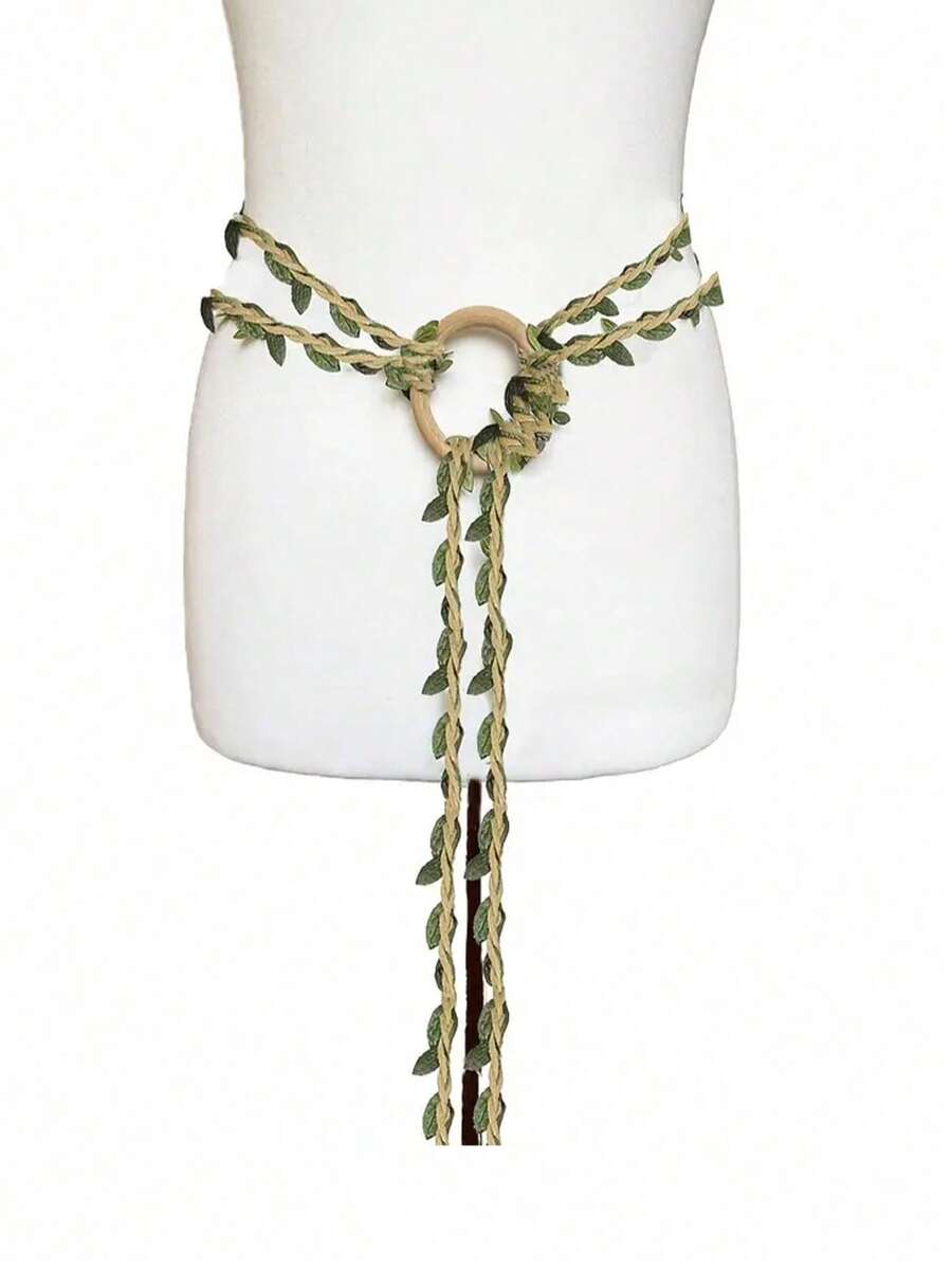 1pc Medieval Renaissance Style Handwoven Linen Green Leaf Waist Belt - Green - View 1