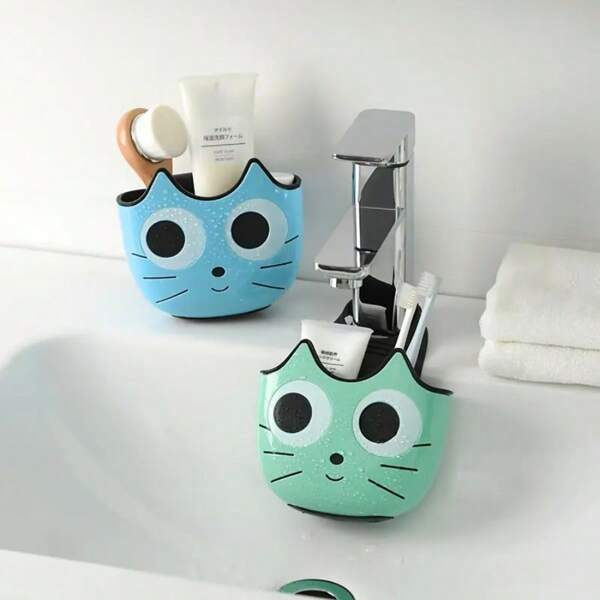Bolsa colgante de almacenamiento con forma de gato de dibujos animados para fregadero de cocina - Organizador montado en el grifo para esponjas, cepillos y toallas, drenaje, cesta de almacenamiento