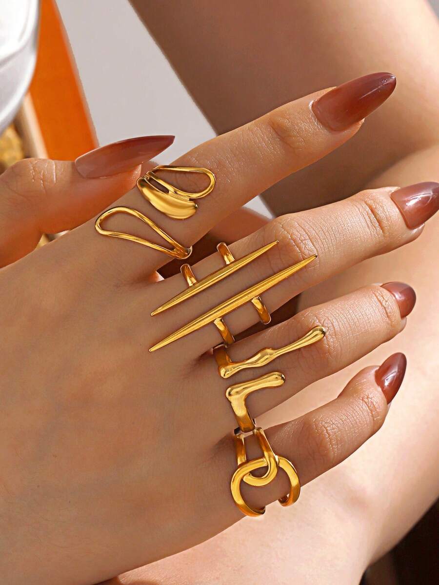 4pcs/Set Stainless Steel Minimalist 18K Gold Plated Geometric Line Design Open Rings, Suitable For Daily Wear For Women - Yellow Gold - View 1