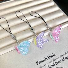 Glitzernder transluzenter Halbschmetterling Resinanhänger Schlüsselband, Rucksack Tier Hängedeko, süßer Handyriemen, girly weicher Anhänger, Geschenk für beste Freundinnen, geeignet für Handy, Kamera, Schlüsselanhänger, Rucksack