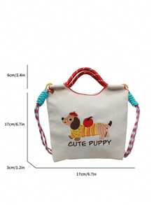 可爱刺绣帆布水桶包，女士时尚防水尼龙单肩托特包，狗狗刺绣图案女士手提包，带可拆卸肩带 - 彩色 - 查看 3
